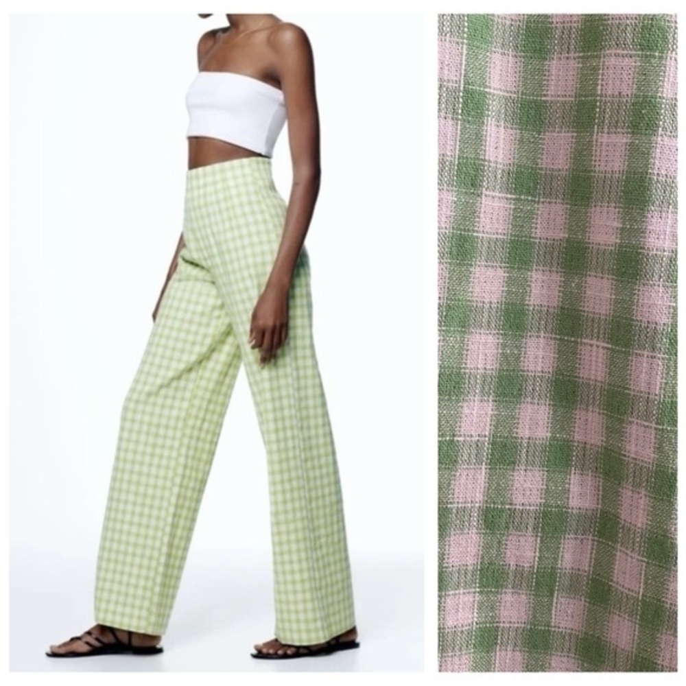 Zara Green Cream Gingham Plaid Full Length Structured Wide Leg Pants Small
